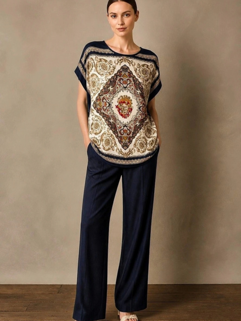 D&G Baroque Scarf Print Silk Blouse Paisley Print Blouse in Blue & Cream